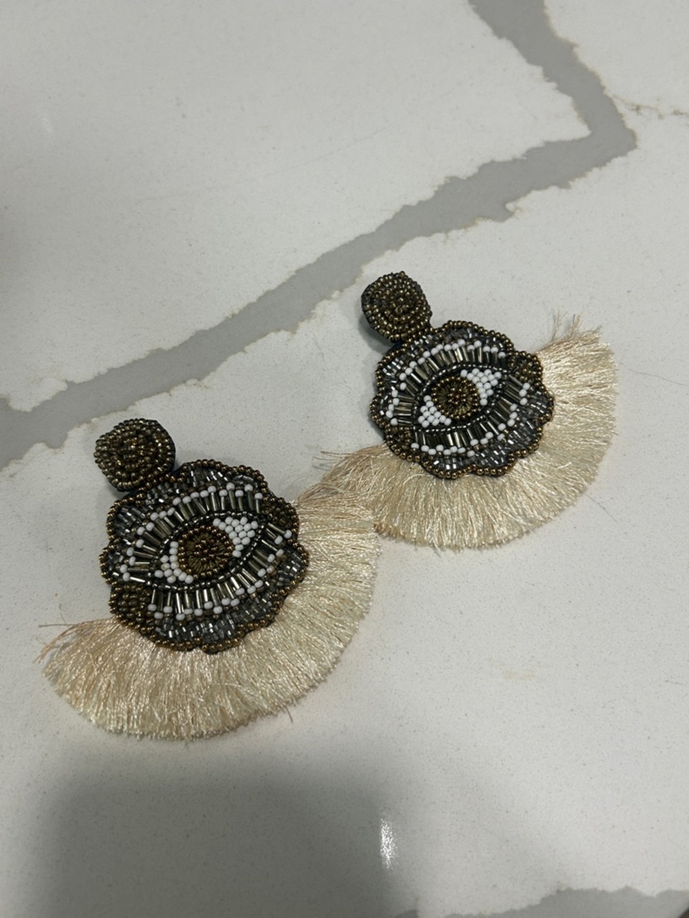Beaded Fringe Statement Earrings - Cream and Antique Gold